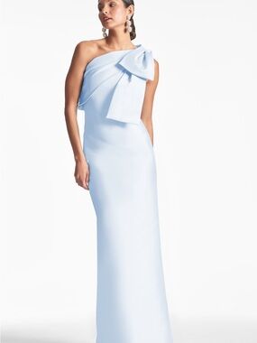 Sachin and Babi One-Shoulder Light Blue Evening Gown with Bow Detail